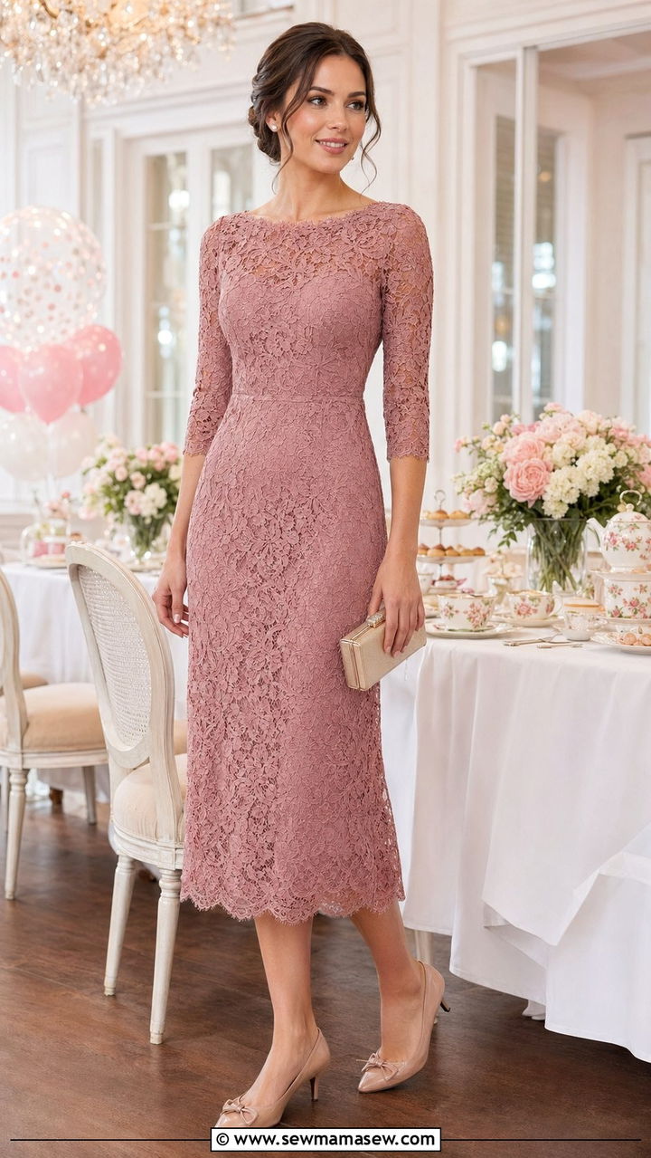 Lace Midi Dress with Low Heels and Clutch - 30 what to wear to a baby shower