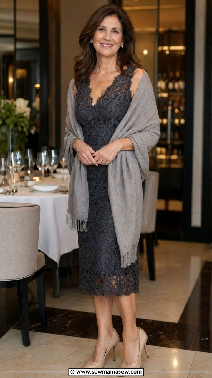 Lace Midi Dress with Nude Pumps - 35 Night out outfit ideas women over 50