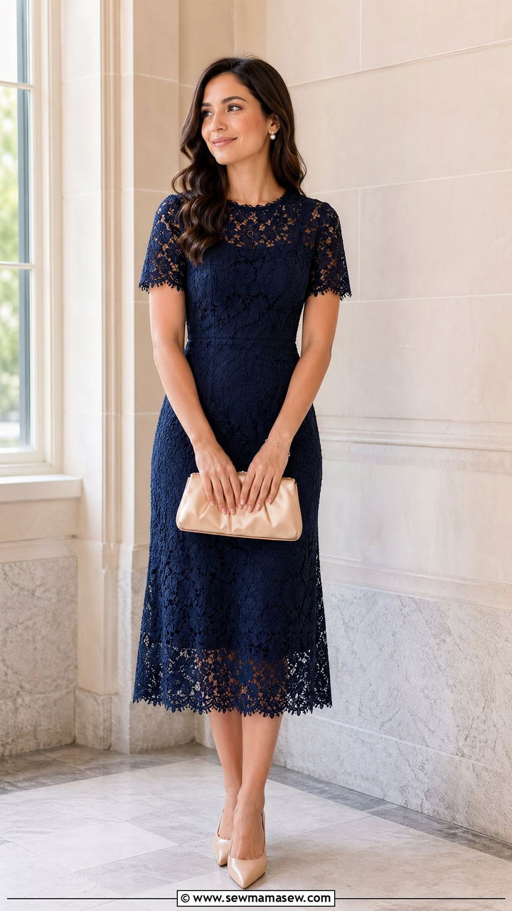 Lace Midi Dress with Pearl Accessories - 35 Courthouse wedding guest outfits