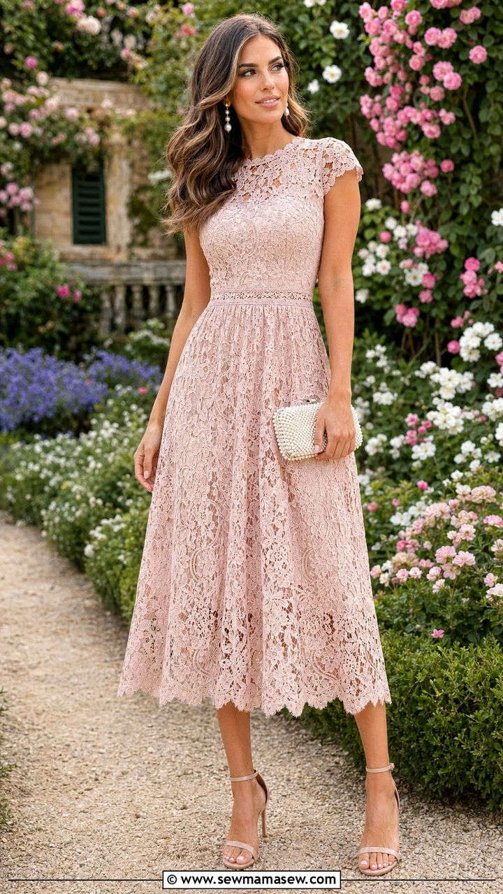Lace Midi Dress with Pearl Accessories - 35 Outdoor wedding guest outfit ideas
