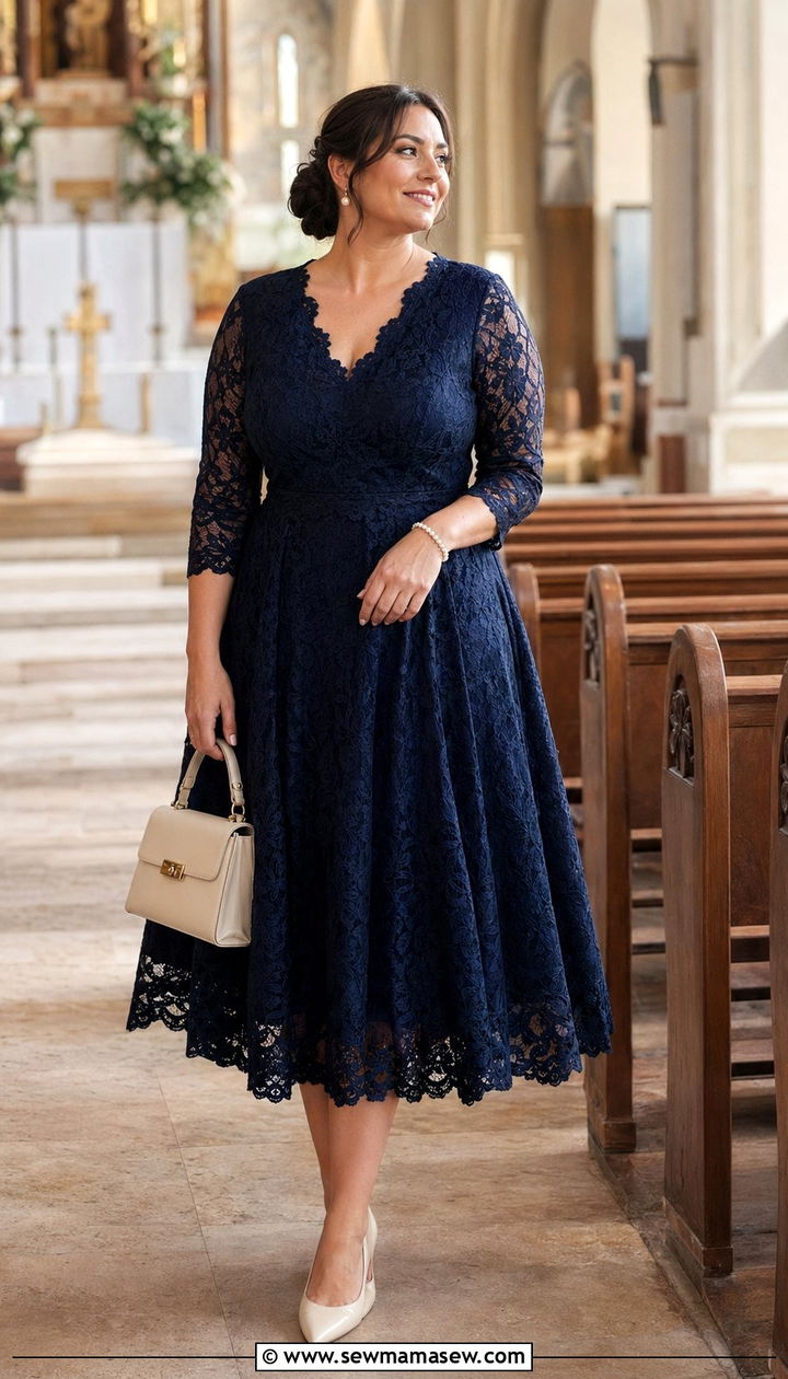 Lace Midi Dress with Pearl Accessories for Midsize Wedding Guest - 30 Wedding guest outfits for midsize women