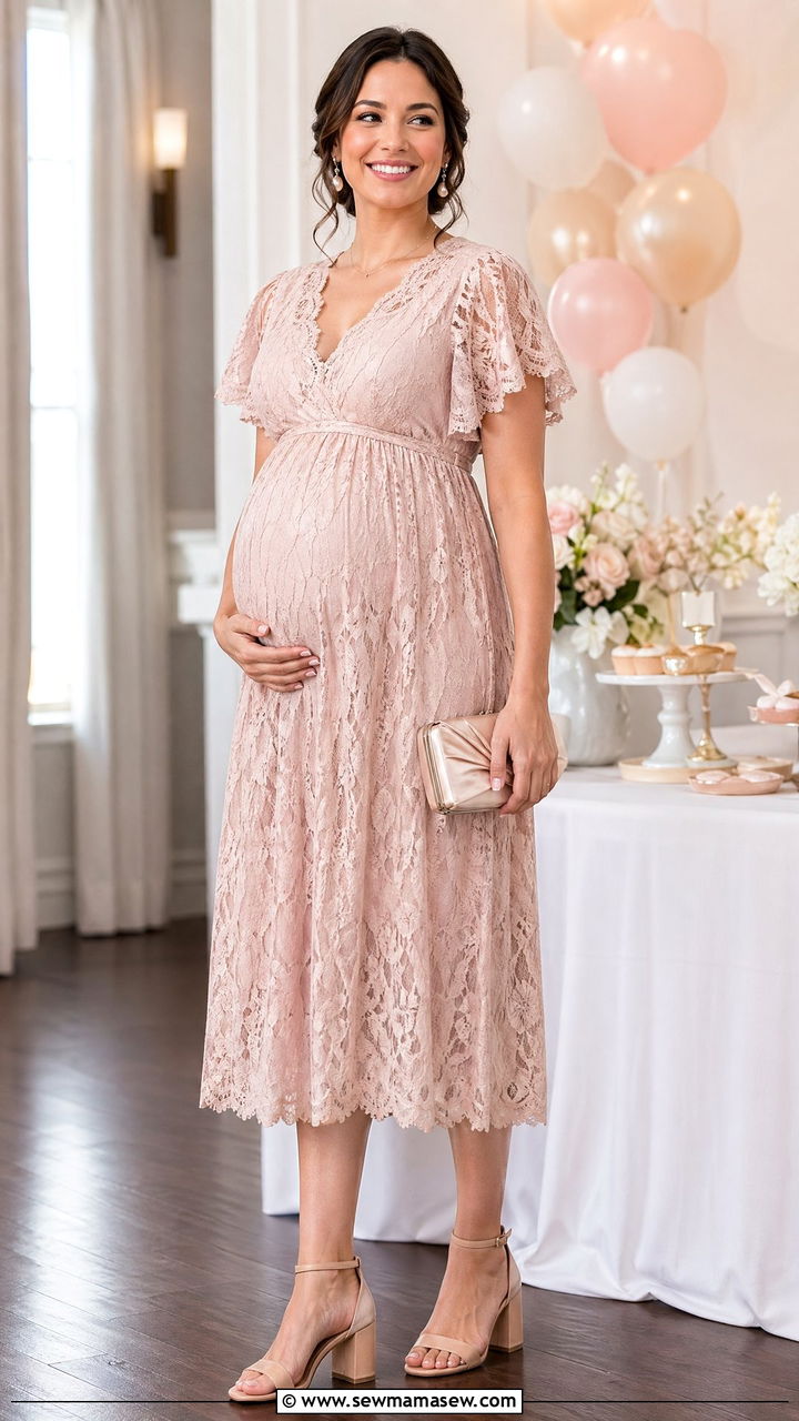 Lace Midi Dress with Pearl Earrings - 35 cute baby shower outfits
