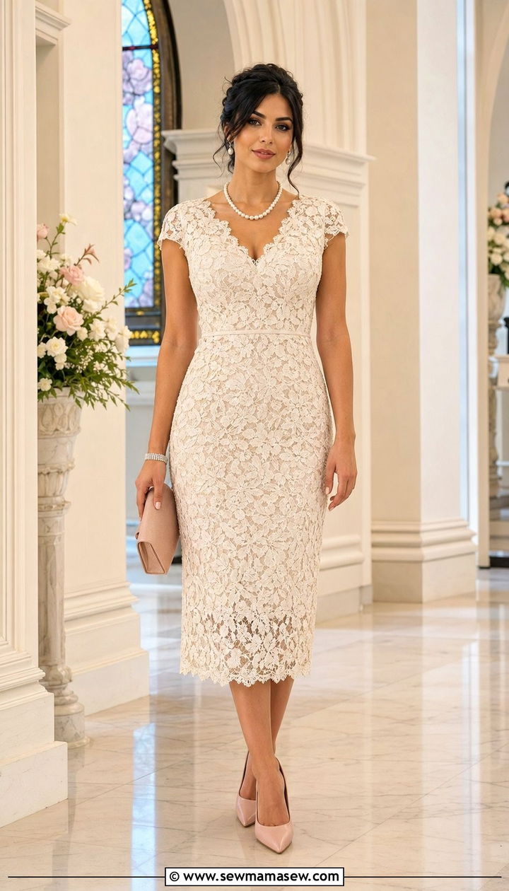 Lace Midi Dress with Pointed Toe Pumps - 30 wedding guest outfits for hourglass body