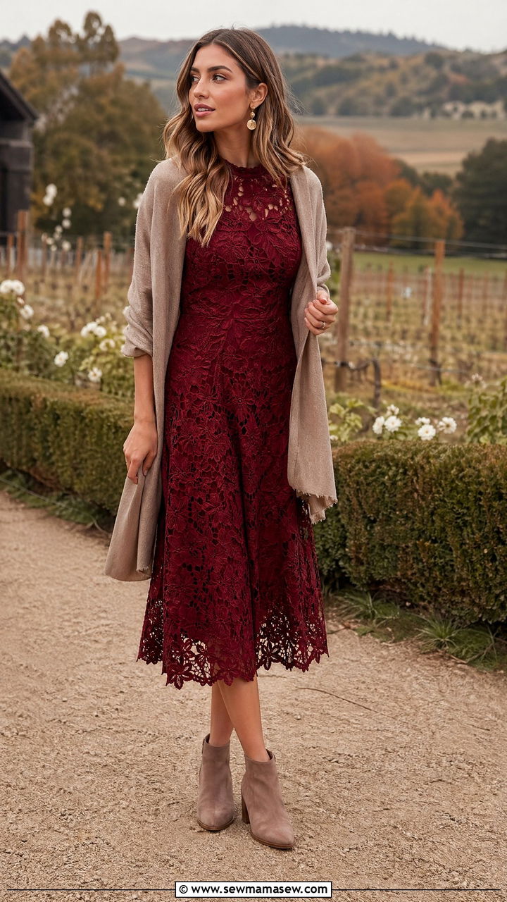 Lace Midi Dress with Suede Booties - 35 Countryside wedding guest outfit ideas