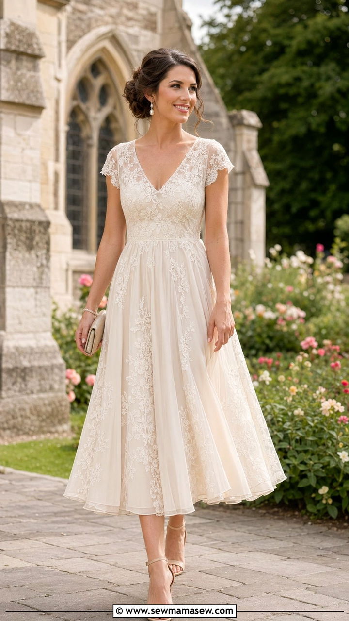 Lace Overlay A Line Dress Wedding Guest Outfit - 30 Wedding guest outfits for pear shape