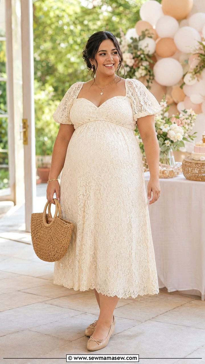 Lace Textured Midi Dress With Puff Sleeves - 35 Plus size summer outfits
