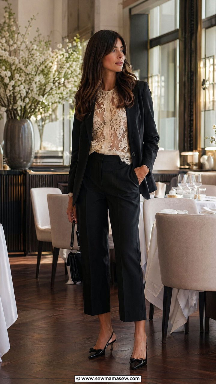 Lace Top Under Blazer With Cropped Trousers And Slingbacks - 35 Warsaw outfit ideas