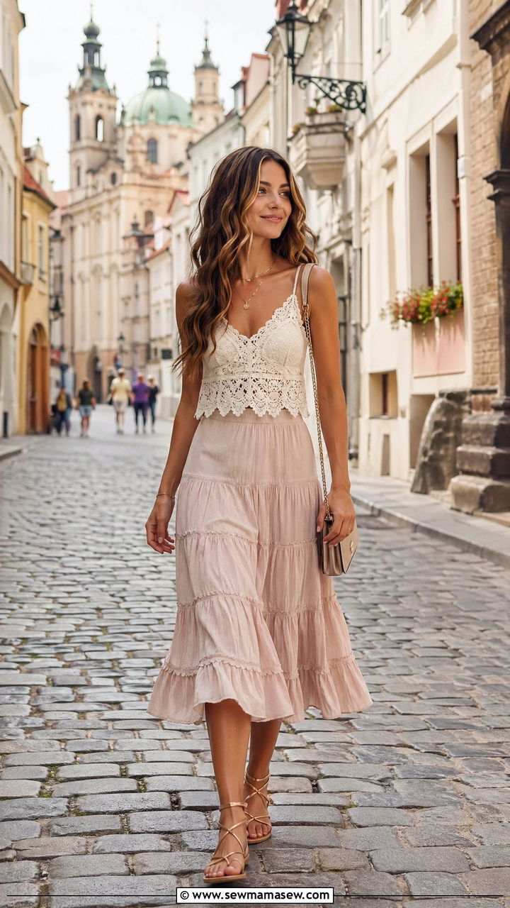 Lace Top With Tiered Skirt - 35 cute European summer outfits