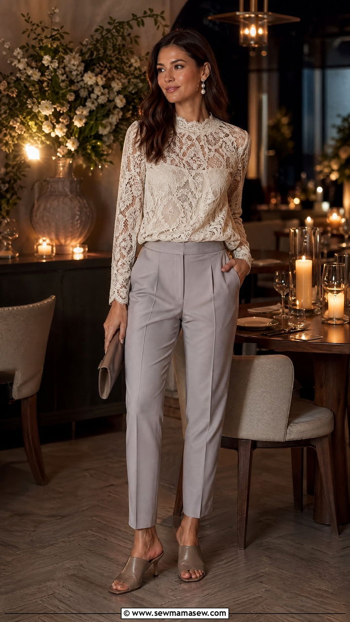 Lace Top With Trousers and Mules - 35 what to wear to dinner