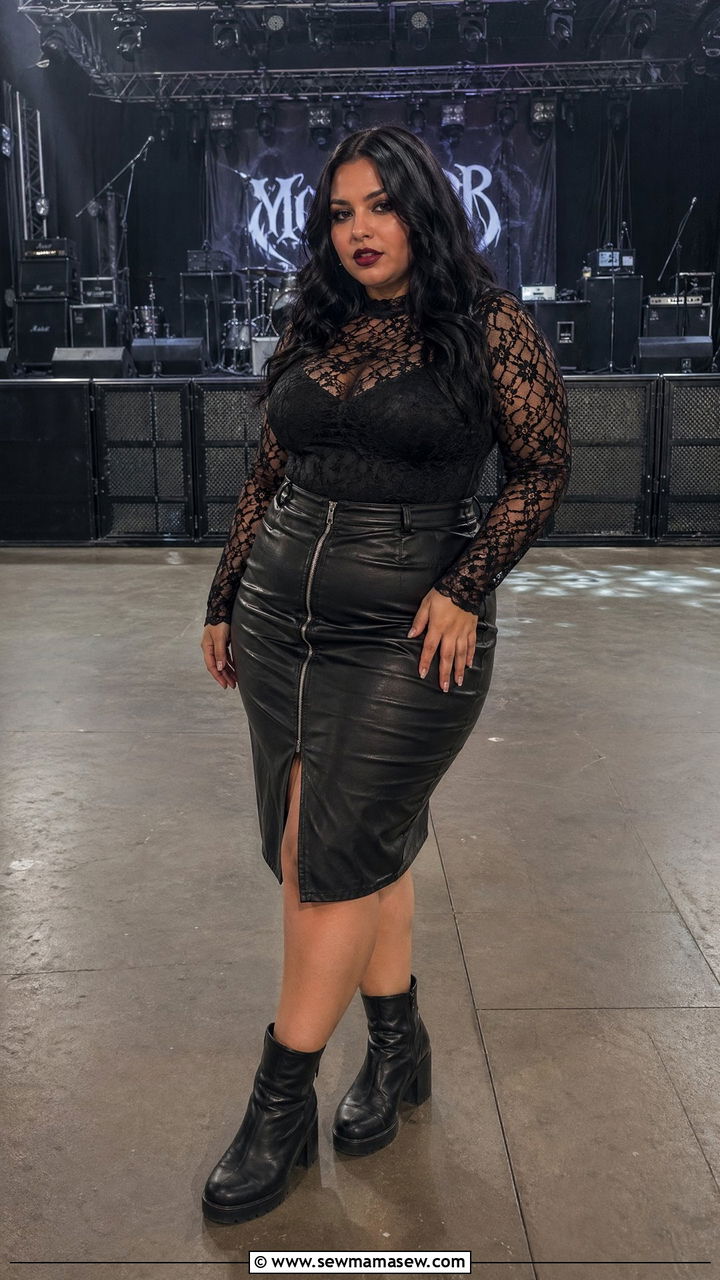 Lace Top and Faux Leather Skirt Curvy Concert Look - 35 Concert outfits for curvy women