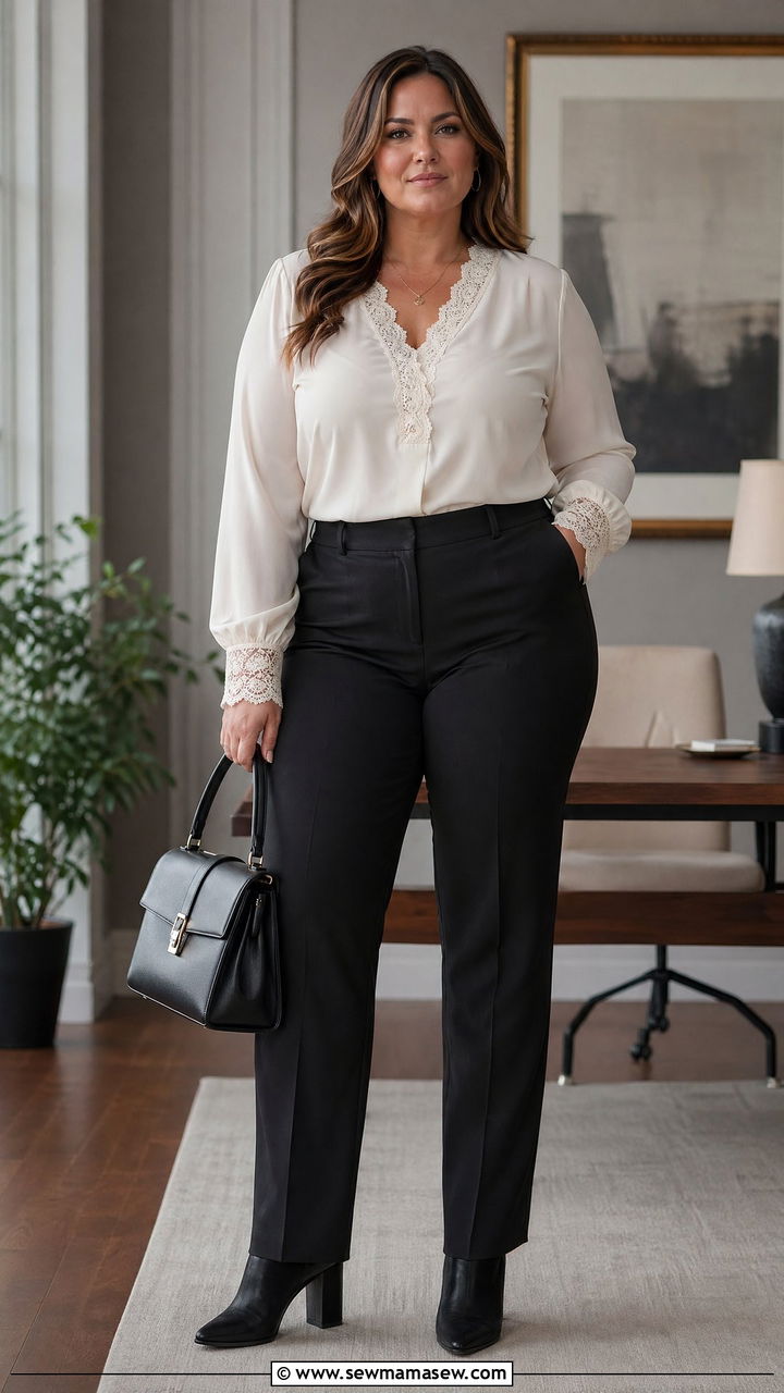 Lace Trim Blouse With Trousers Outfit - 35 work outfits for plus size women