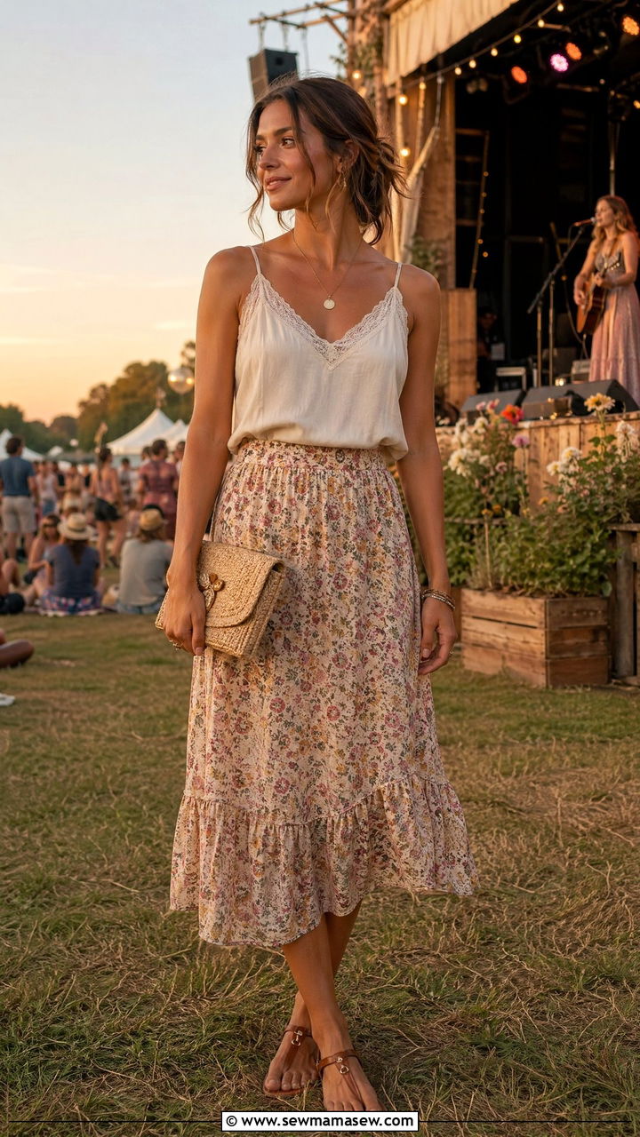 Lace Trim Cami With Flowy Midi Skirt And Flat Sandals - 35 casual music festival outfits