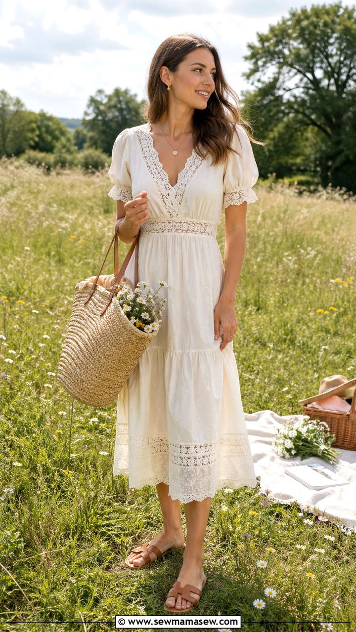 Lace Trim Midi Dress With Woven Basket Bag - 30 spring cottagecore outfits