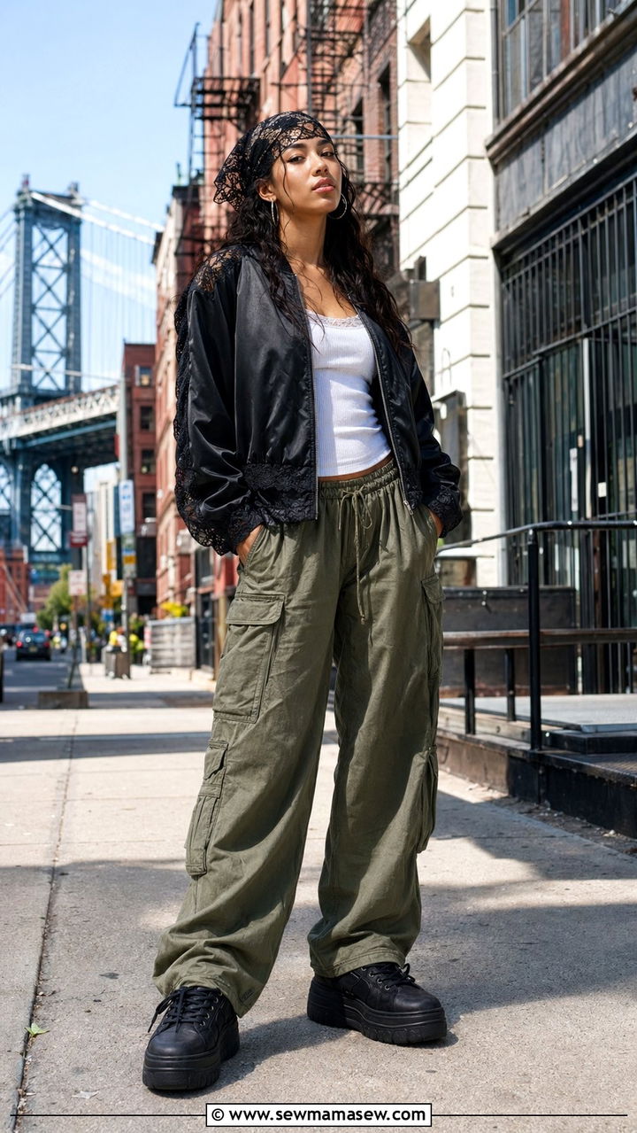 Lace Trimmed Bomber Jacket With Cargo Trousers - 30 Aesthetic outfit ideas 2026