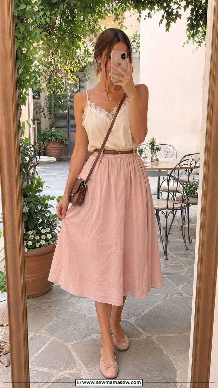 Lace Trimmed Cami With Cotton Midi Skirt and Ballet Flats - 35 summer italy vacation outfit ideas