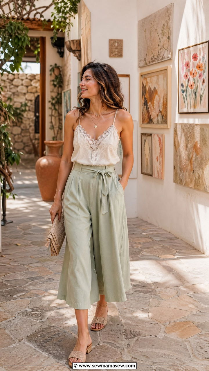 Lace Trimmed Camisole with Culottes and Mules - 35 spring bridal shower outfit ideas