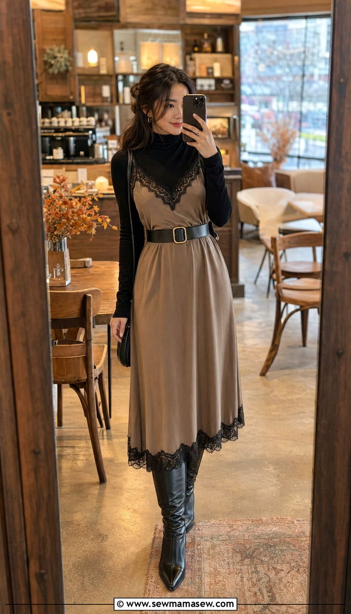 Lace Trimmed Slip Dress With Turtleneck - 35 Modest outfit ideas for wedding guest