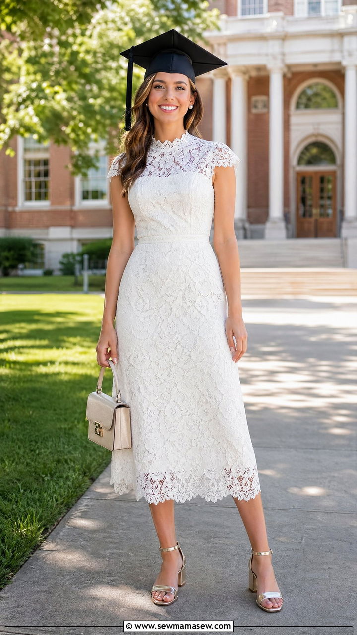 Lace White Dress With Block Heel Sandals - 35 Summer graduation outfits