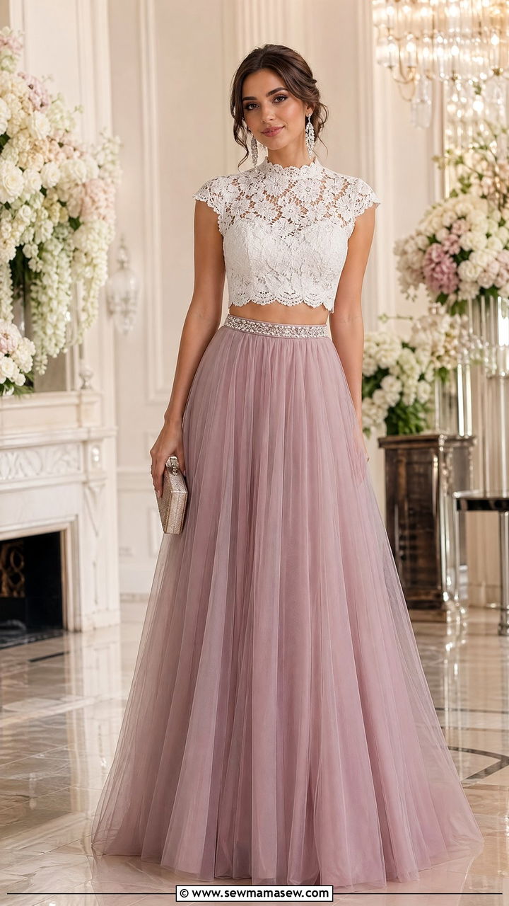 Lace and Tulle Two Piece Set for Formal Wedding - 35 chic wedding guest outfits for women