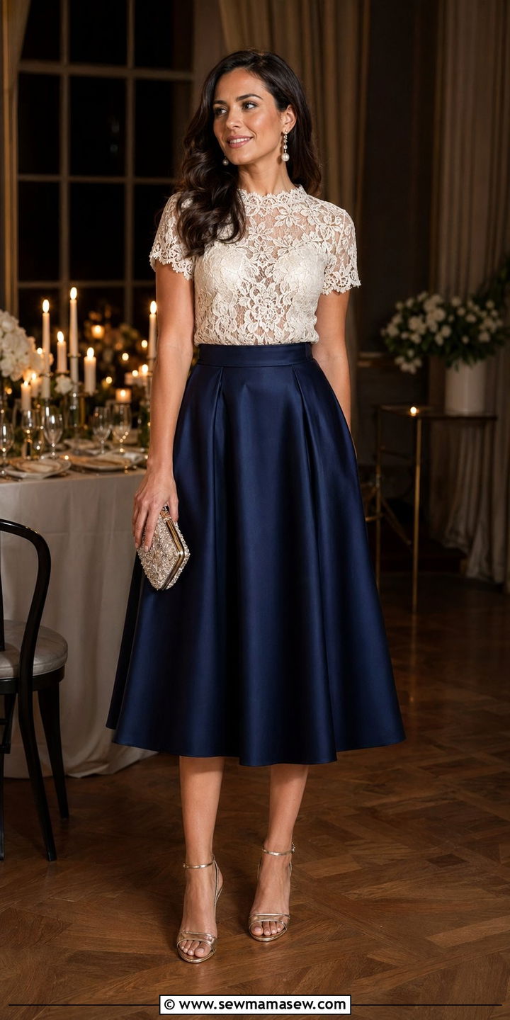 Lace blouse with A line skirt for evening - 30 A line skirt outfit ideas