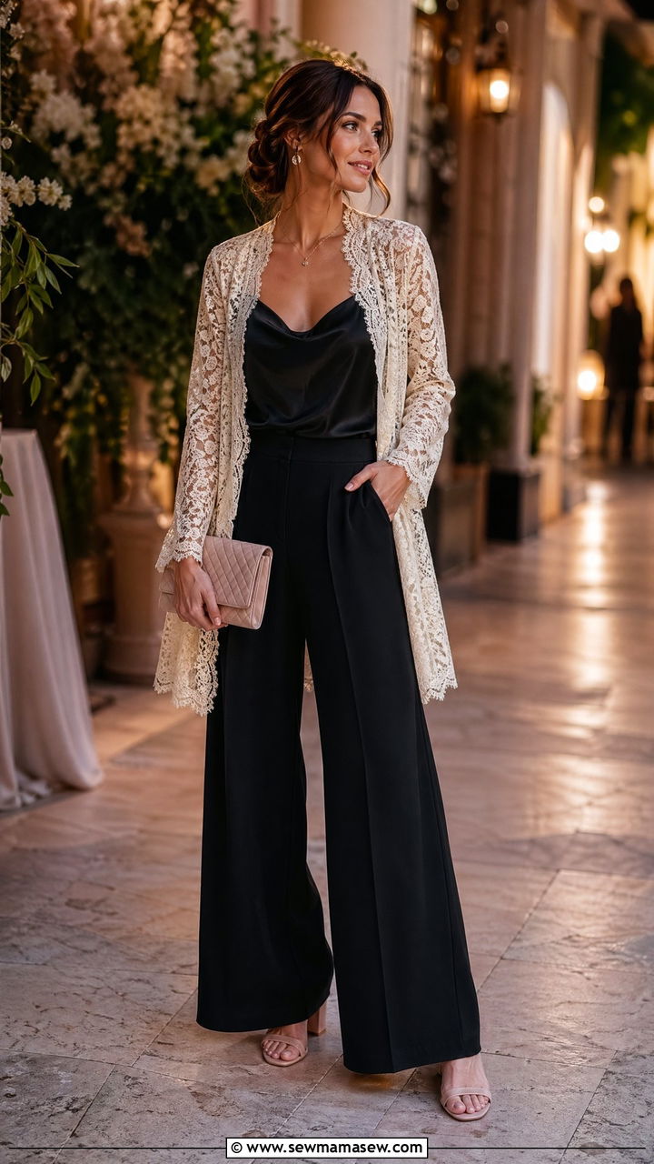 Lace cardigan with cami and wide leg pants - 35 Summer outfits with cardigan