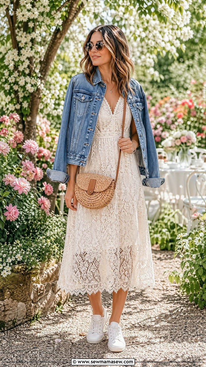 Lace midi dress with denim jacket outfit - 35 classy spring outfit ideas