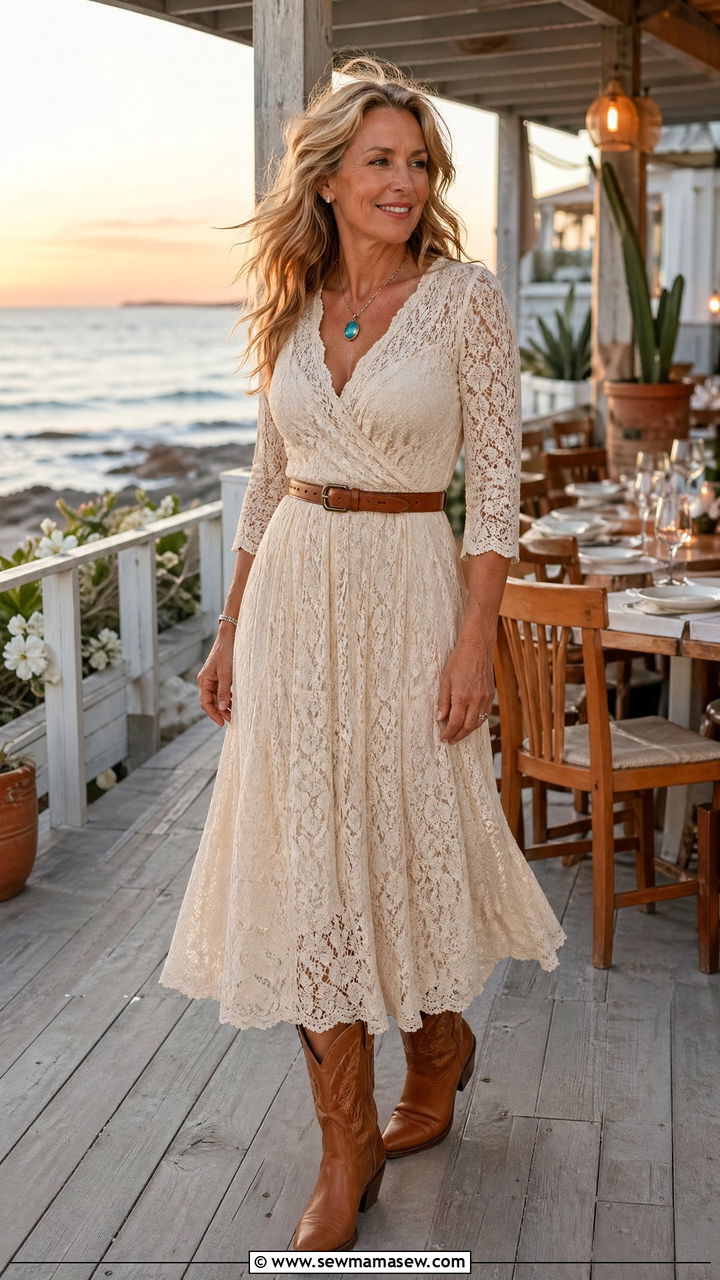Lace or Eyelet Midi Dress in Cream with Cognac Boots and a Delicate Belt - 35 coastal cowgirl outfit ideas for women over 40