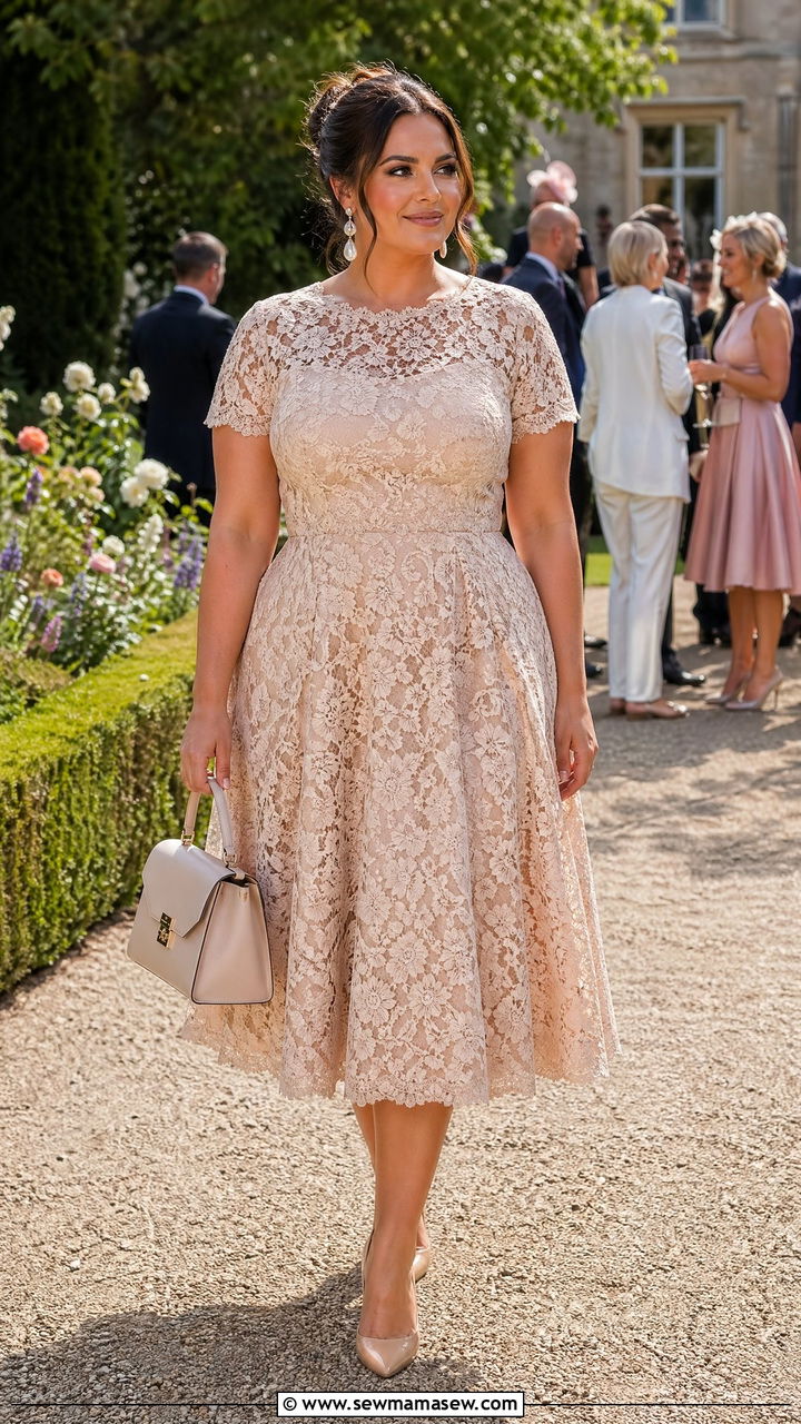 Lace tea length dress with nude pumps - 35 Wedding guest outfits for curvy women