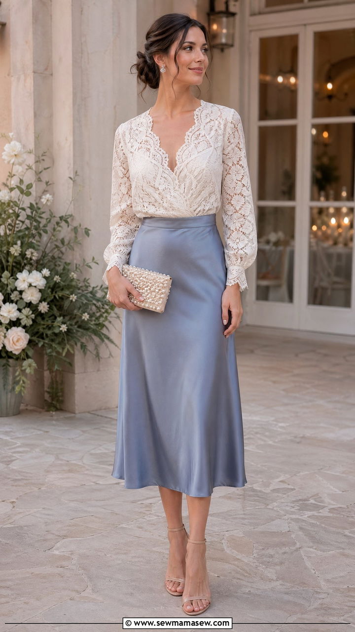 Lace top with a satin midi skirt - 35 spring romantic outfit ideas
