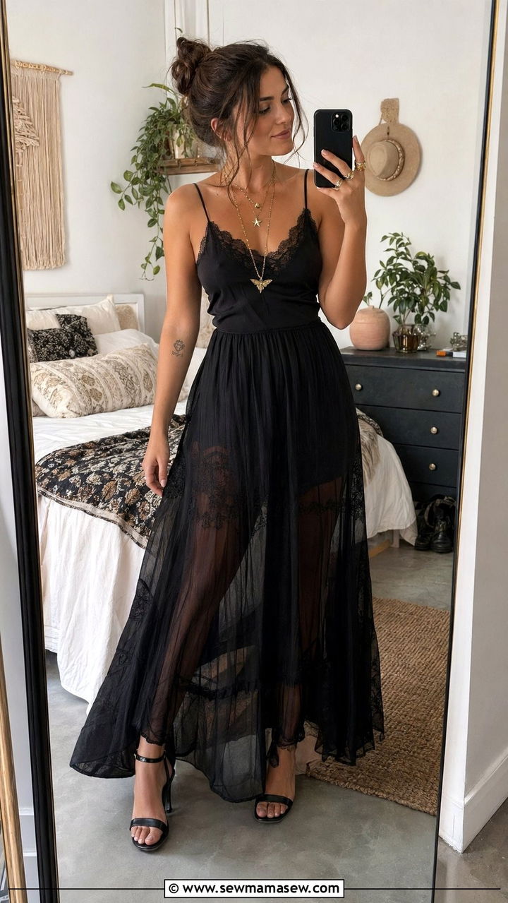 Lace trimmed camisole with a maxi skirt and layered gold jewelry - 30 Whimsigoth outfit ideas