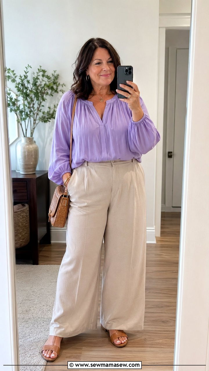Lavender Blouse With Beige Wide Leg Trousers - 35 Plus size outfit ideas for women over 40