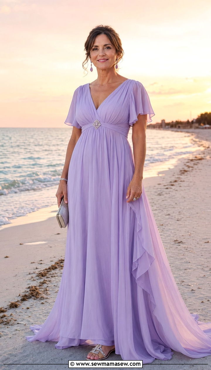 Lavender Flowing Beach Gown - 30 Wedding guest outfits for mom