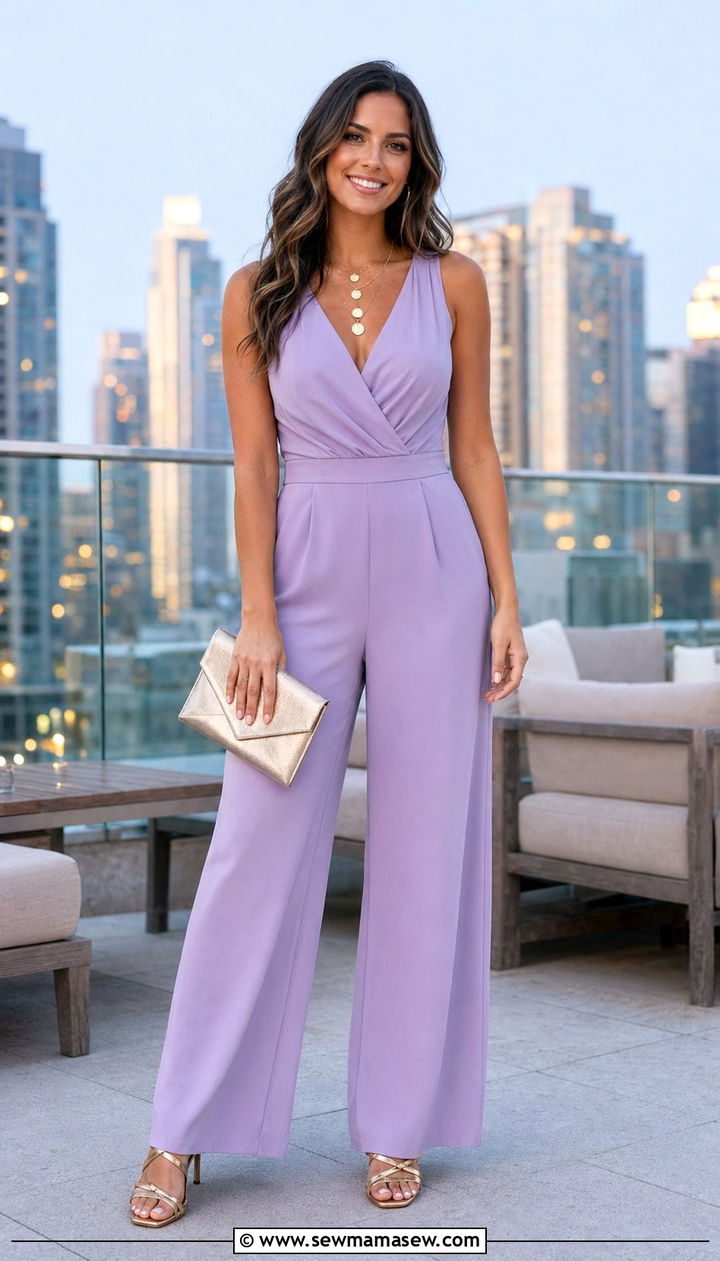 Lavender Jumpsuit with Strappy Metallic Sandals - 30 Baby shower outfits for guests