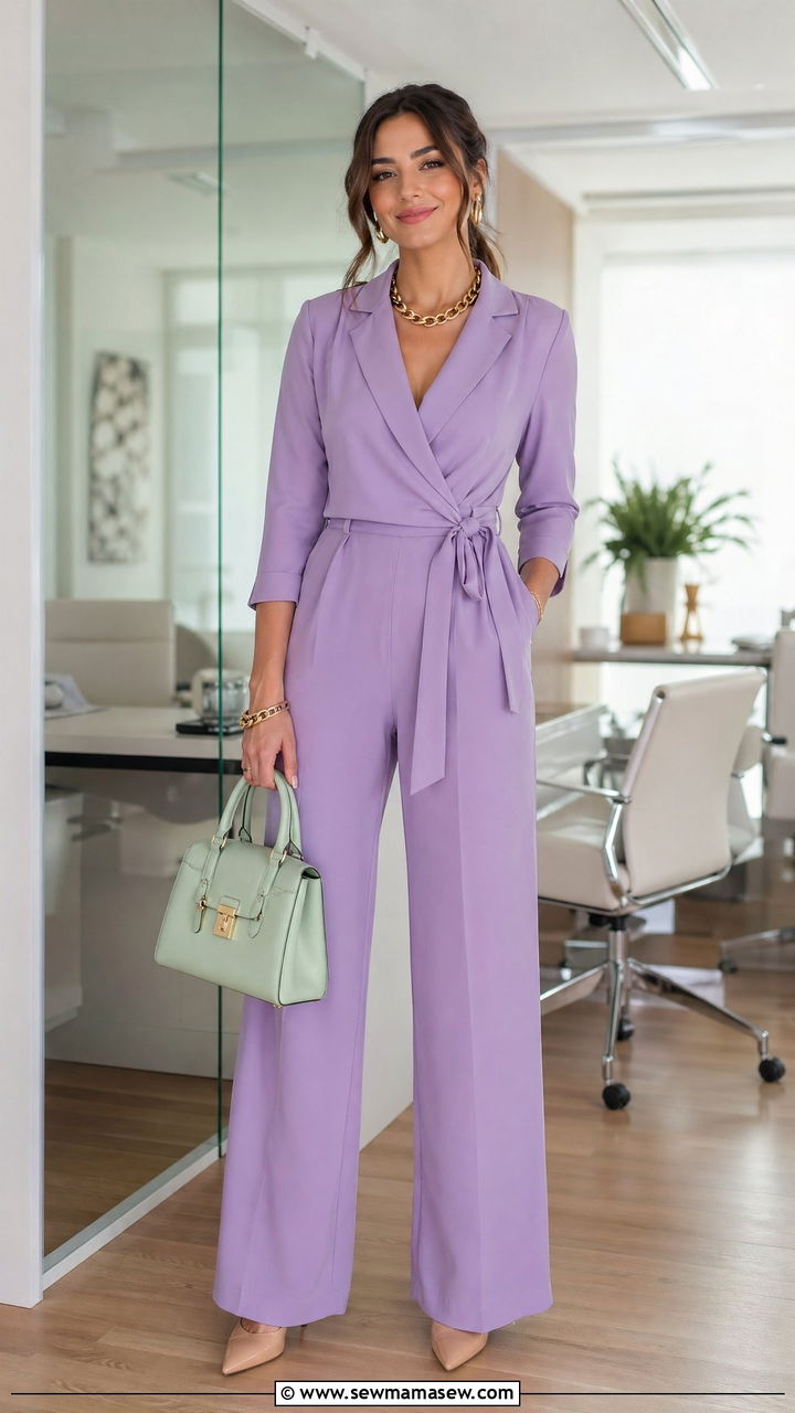 Lavender Jumpsuit with Structured Handbag and Chunky Gold Jewelry - 35 cute office outfits