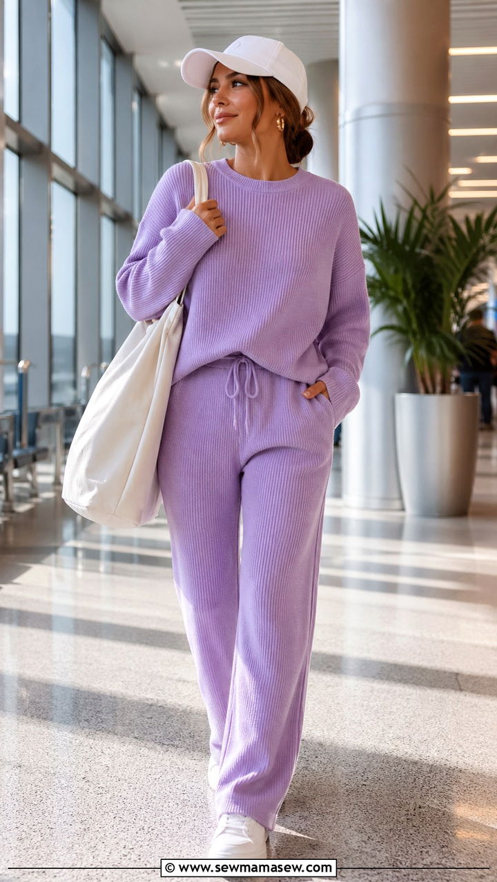 Lavender Knit Set With White Sneakers for a Spring Travel Day - 30 Spring outdoor outfits