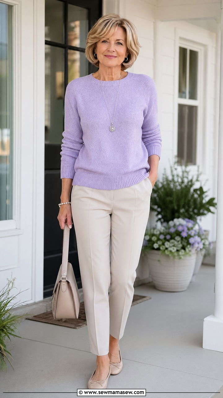 Lavender Knit Sweater With Beige Trousers - 35 Spring outfits for women over 60