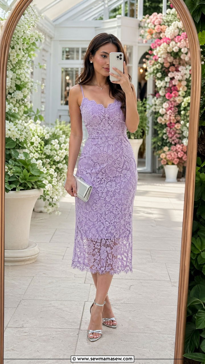 Lavender Lace Midi Dress With Silver Heels Petite Wedding Guest Outfit - 35 Wedding guest outfits for petite women