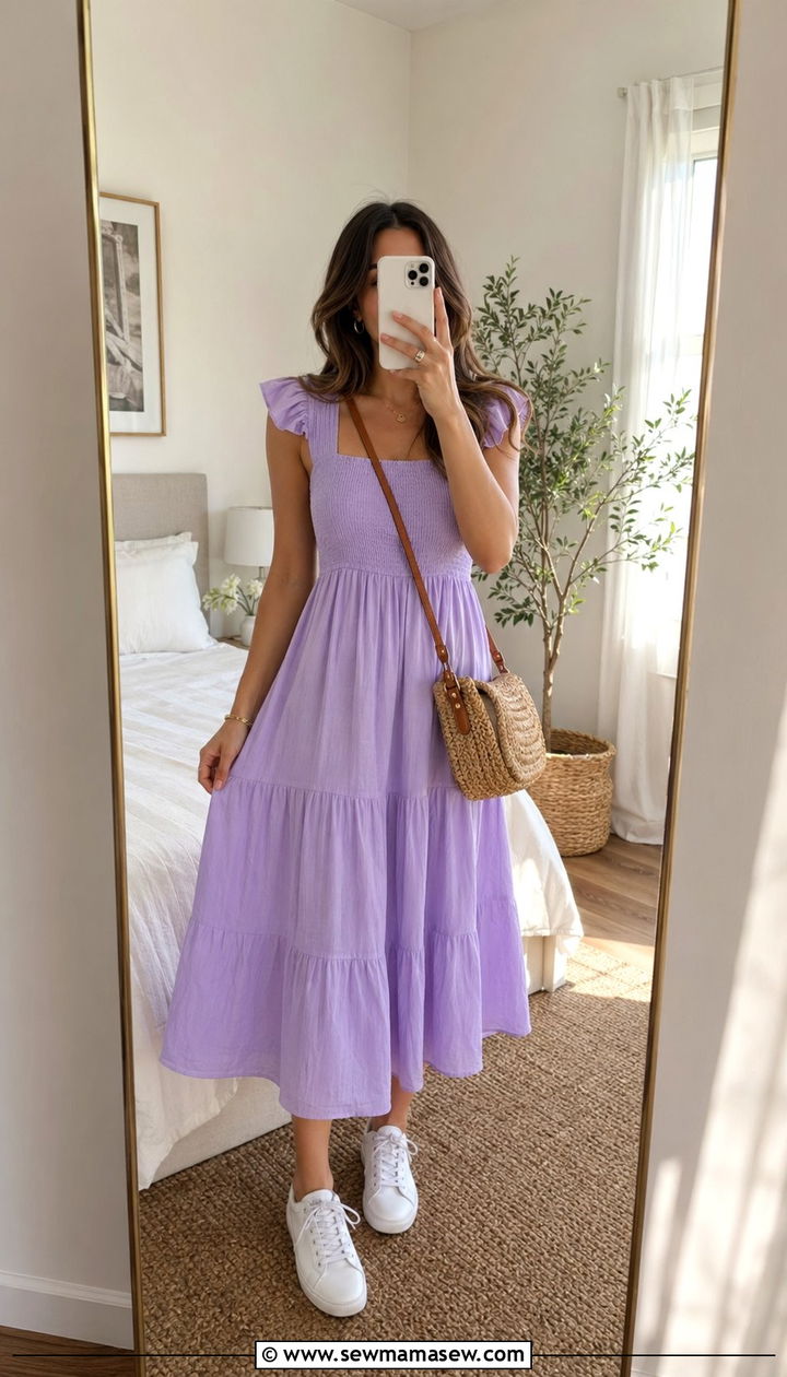 Lavender Midi Dress with White Sneakers Outfit - 35 Pastel outfit ideas