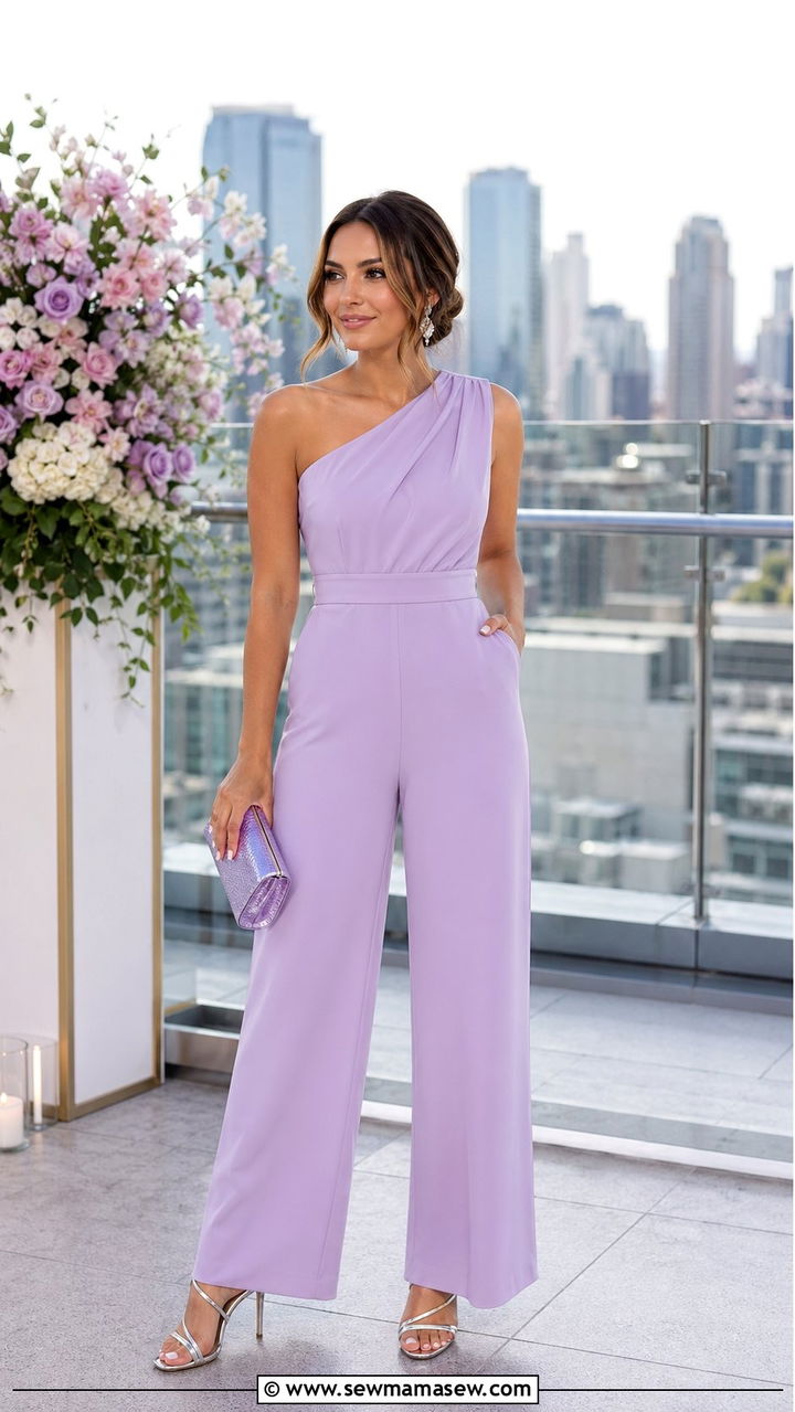 Lavender One Shoulder Jumpsuit Wedding Guest Outfit - 35 Pastel wedding guest outfits