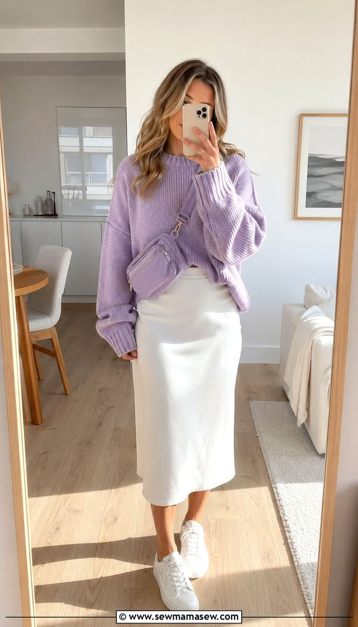 Lavender Oversized Sweater With White Midi Skirt Spring Outfit - 35 Pastel spring outfits