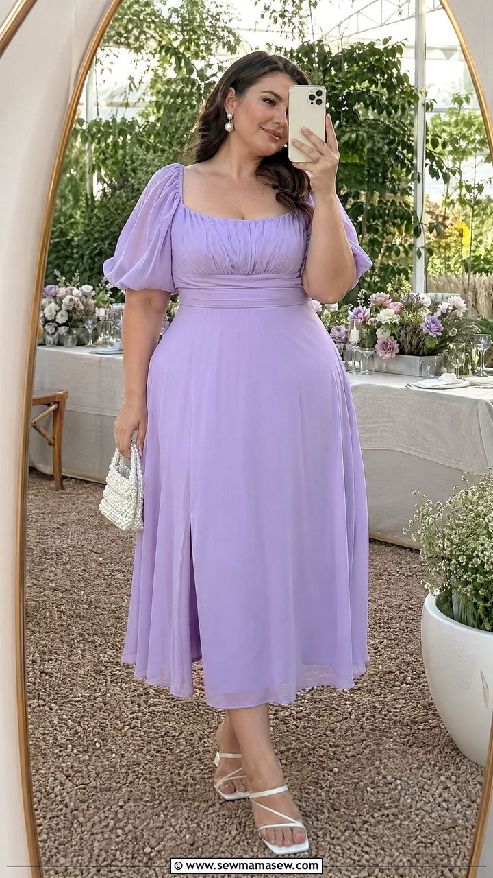 Lavender Puff Sleeve Plus Size Wedding Guest Midi Dress - 35 wedding guest outfits for plus size women