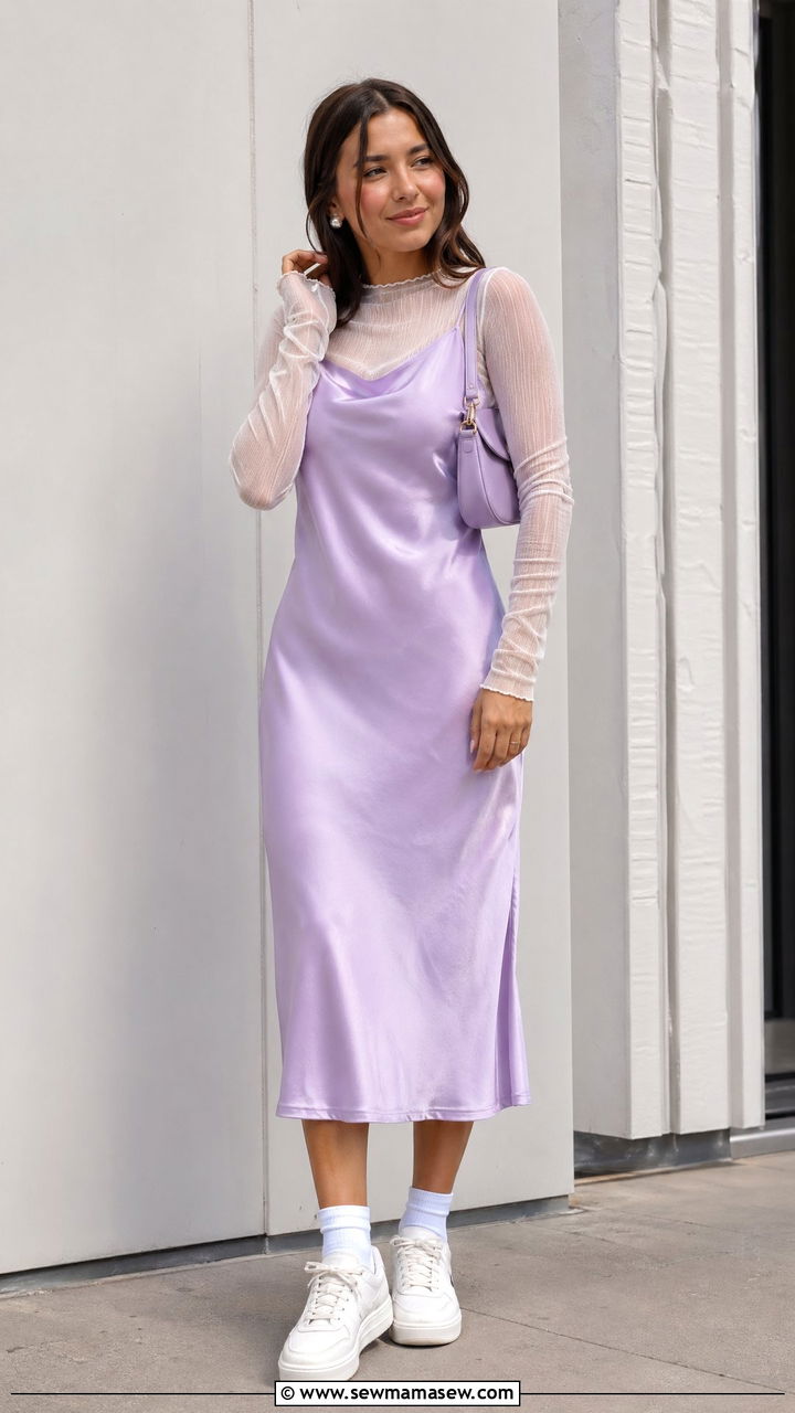 Lavender Satin Slip Dress with White Sneakers - 35 Soft girl outfit ideas