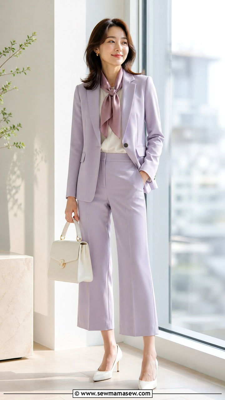 Lavender Suit With A Silk Neck Scarf - 35 Elevated work outfit ideas