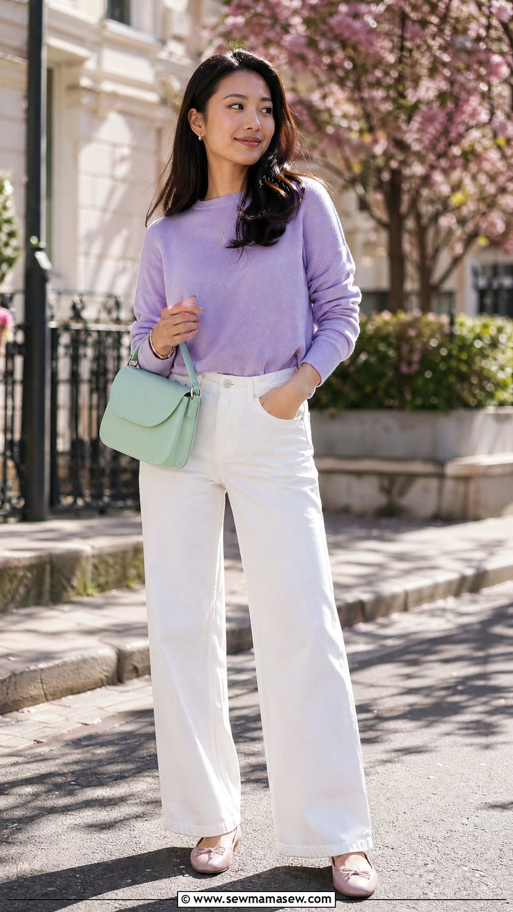 Lavender Sweater And White Denim Jeans - 35 spring everyday outfit ideas