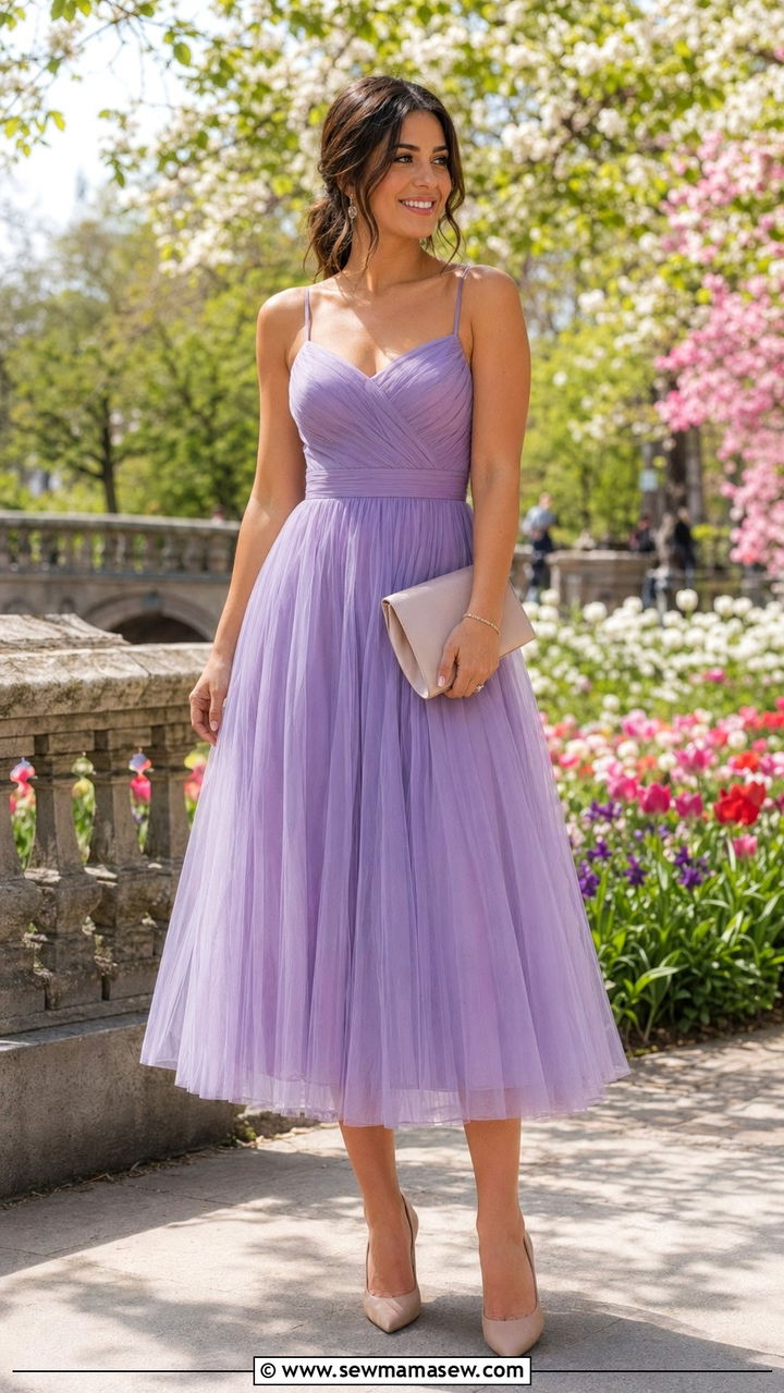 Lavender Tulle Midi Dress Wedding Guest Outfit - 35 Pastel wedding guest outfits