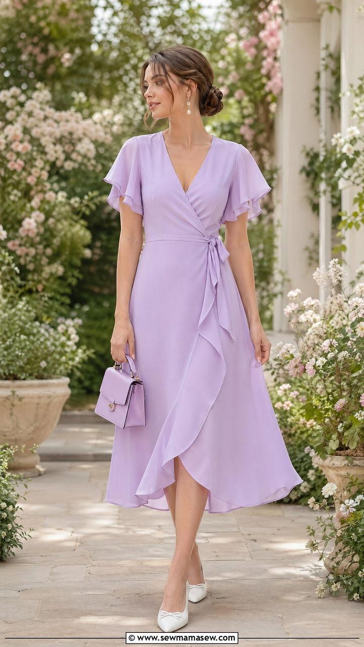 Lavender Wrap Midi Dress with Pearl Drop Earrings - 35 Soft girl outfit ideas