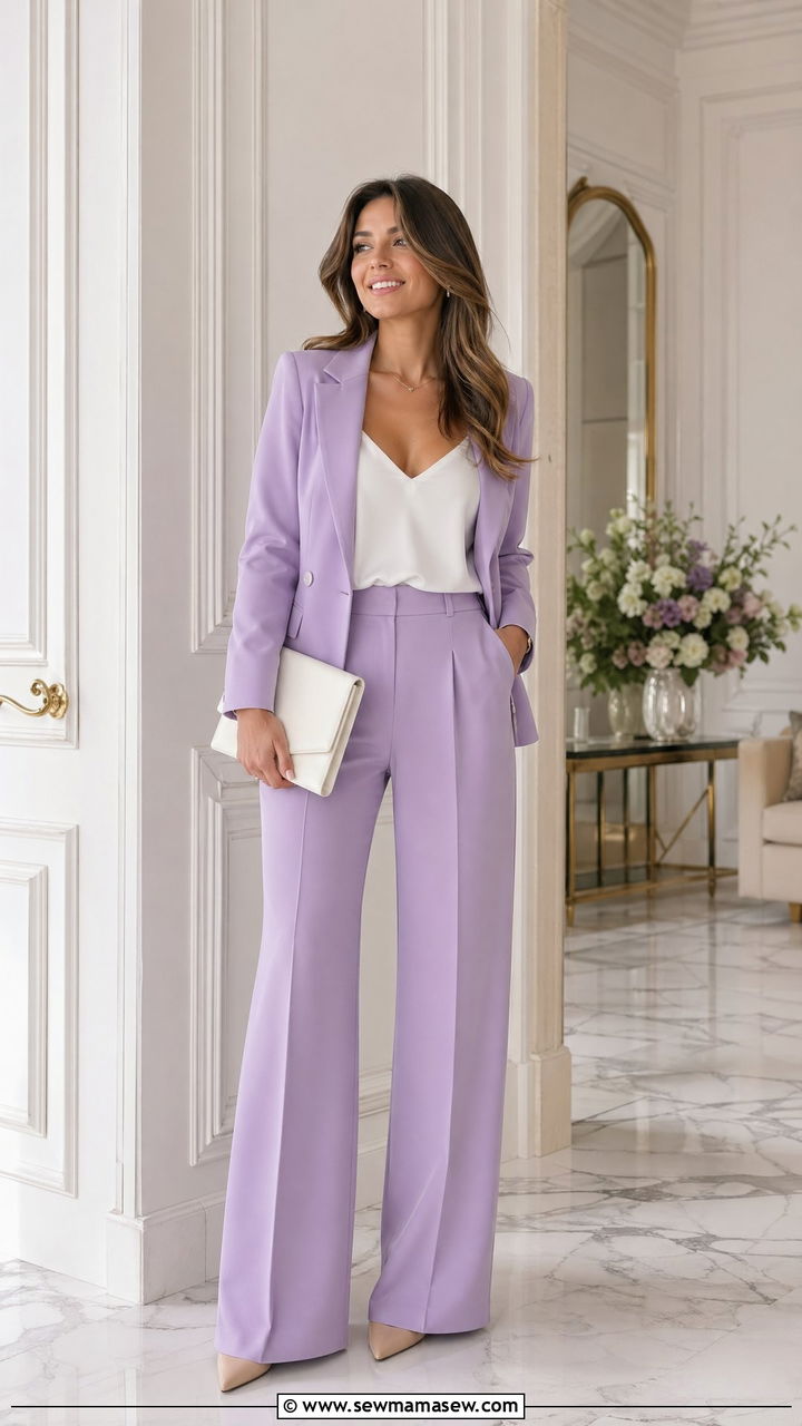 Lavender co ord set with nude heels - 35 spring romantic outfit ideas