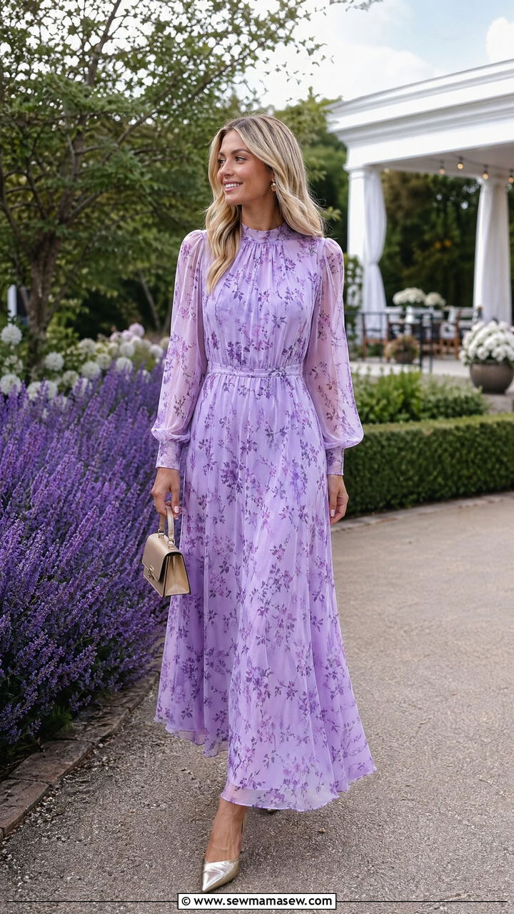 Lavender floral maxi dress with kitten heels wedding - 35 Country club wedding guest outfit ideas