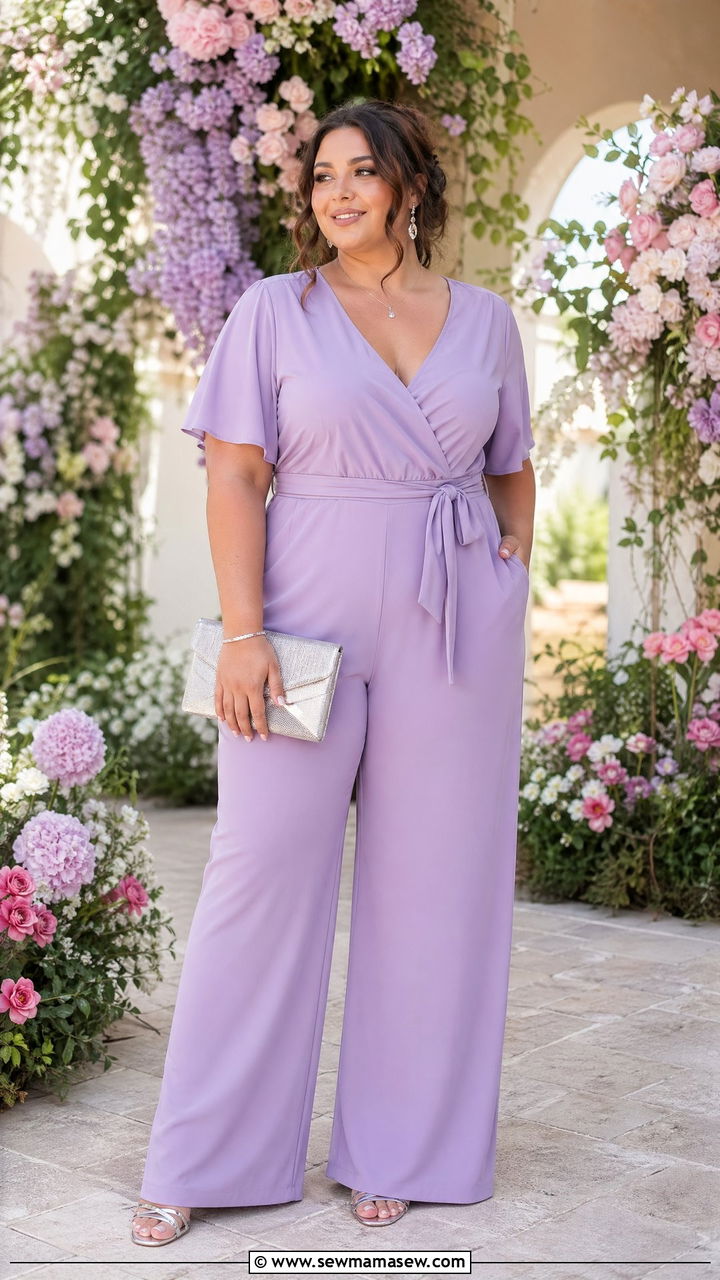 Lavender jumpsuit wedding guest outfit - 35 Curvy girl wedding guest outfits