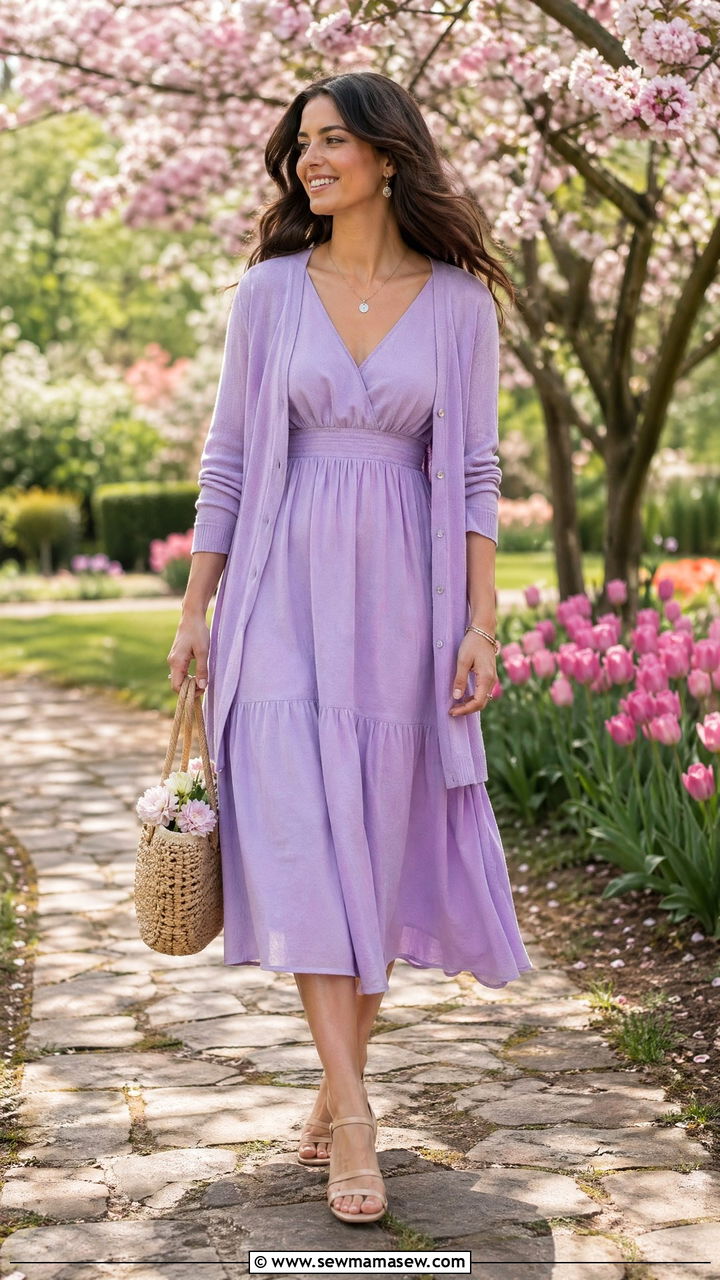 Lavender midi dress and light cardigan outfit - 35 Spring pastel outfit ideas
